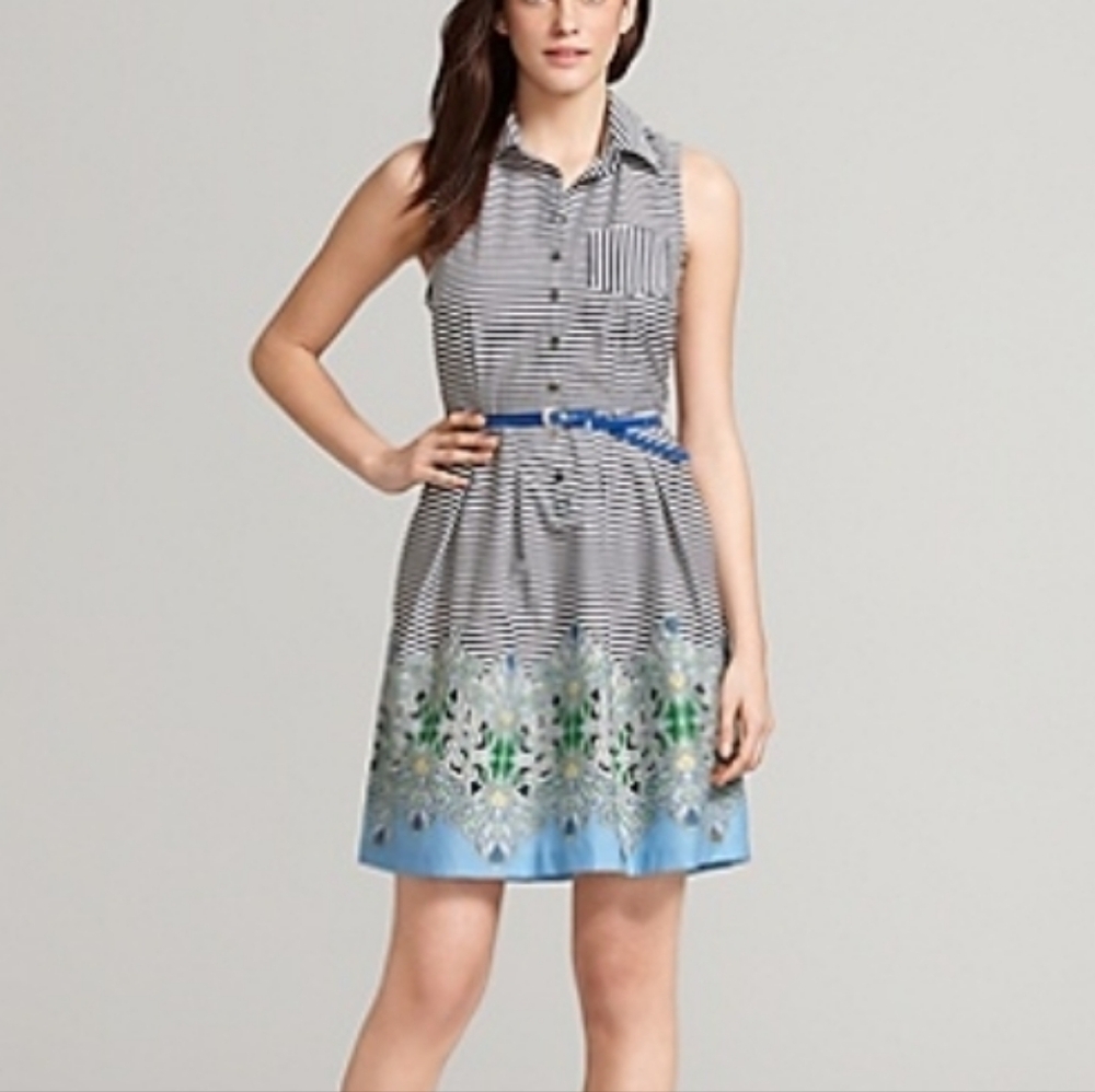 Tommy Hilfiger Nautical Striped Sleeveless Dress Medium Blue White Button Down